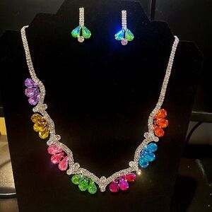 Multicolor Crystal Teardrop Necklace and Earrings Set